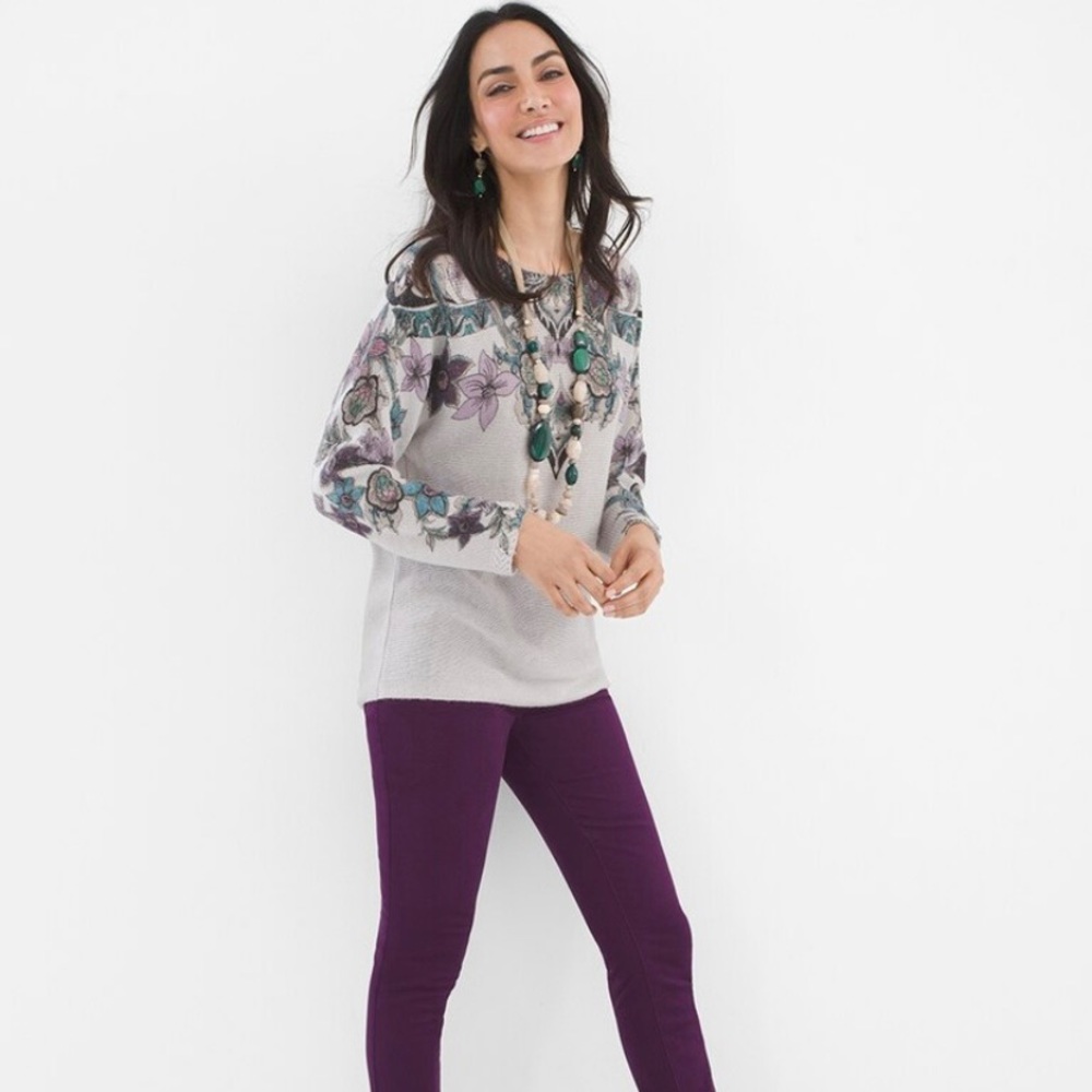 CHICO’S 3 Knit Sweater Floral Purple Gray pullover